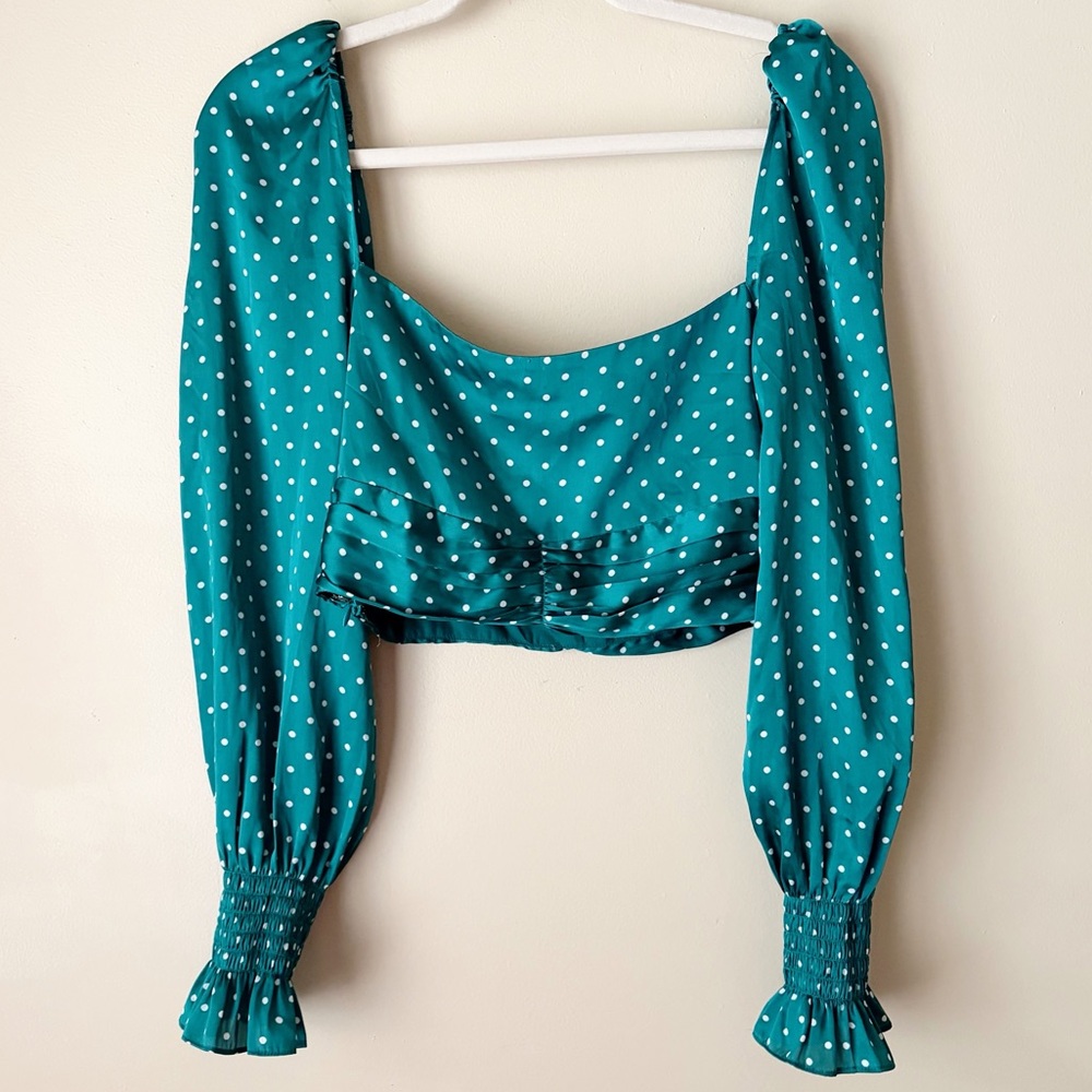 Privacy Please x Revolve | Satin Polka Dot Crop Top Sweetheart Long Sleeves M - Picture 6 of 8